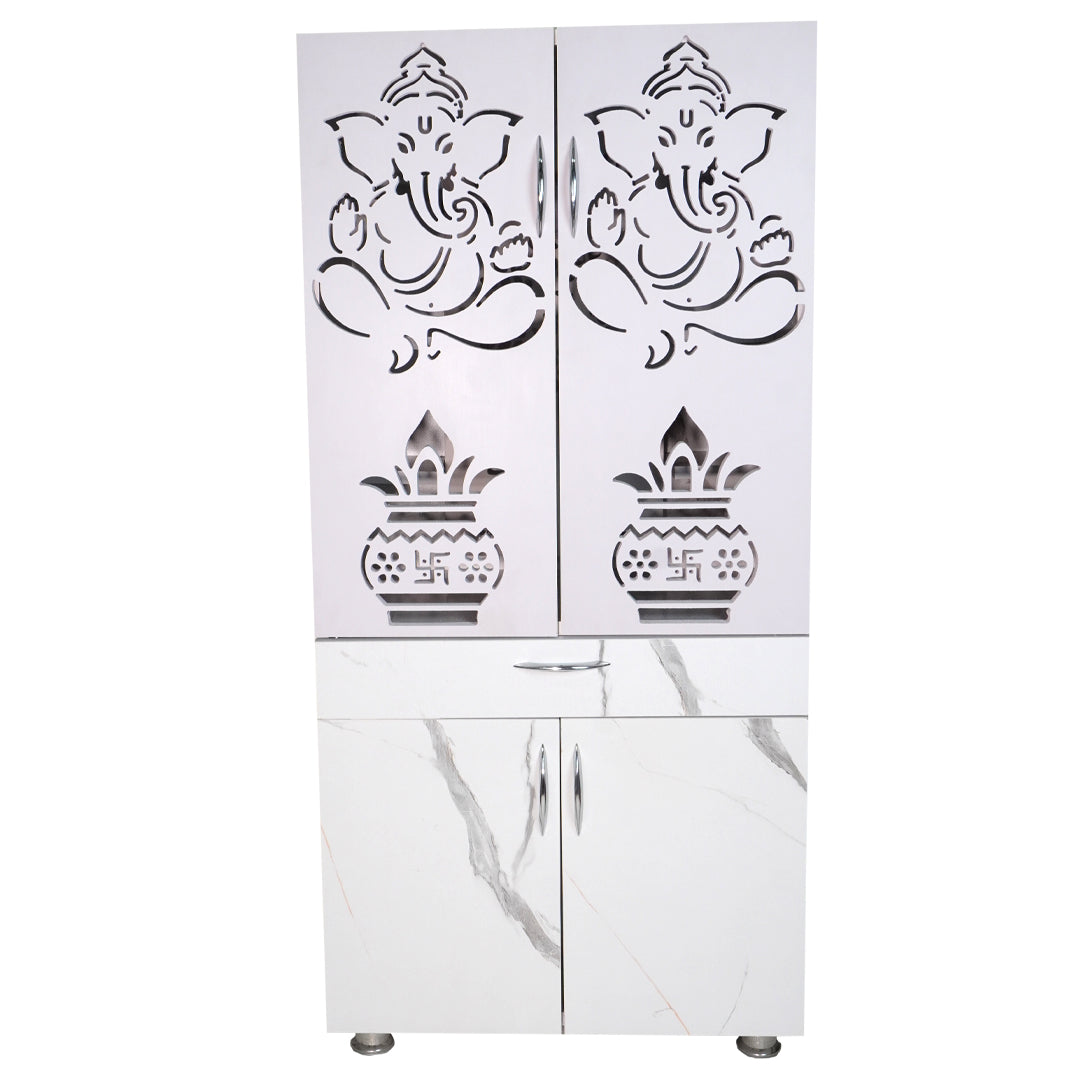 Wooden Mandir for Home with LED Shree Om Design & Storage | Modern White Pooja Cabinet with Ganesh Door