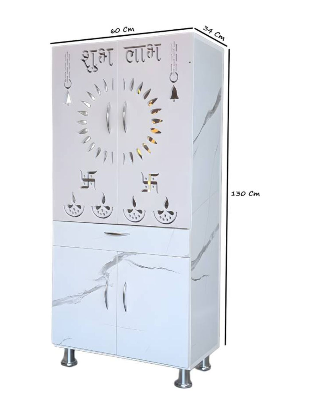 White Marble-Finish Pooja Mandir with Decorative Cut-Work Doors