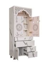 Modern Standing Pooja Mandir With Marble-Finish Design and Decorative Doors