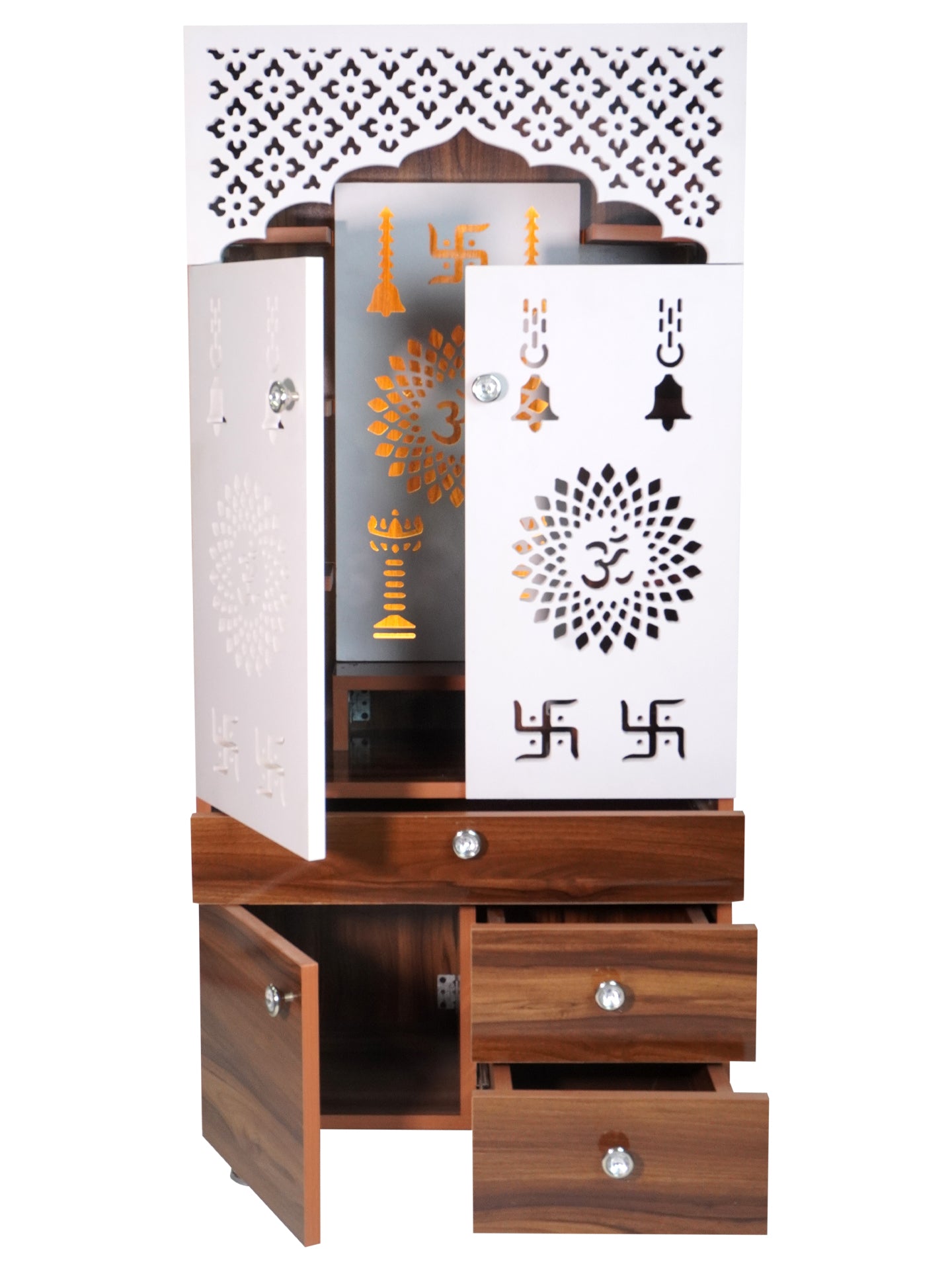 Wooden Pooja Mandir for Home with LED Light & Storage | Modern Temple Cabinet with Drawer & Shelves