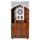 LED Wooden Mandir for Home – White & Brown Finish Temple with Shri Om Design (130x60x34 cm) | Modern Pooja Mandir with Storage
