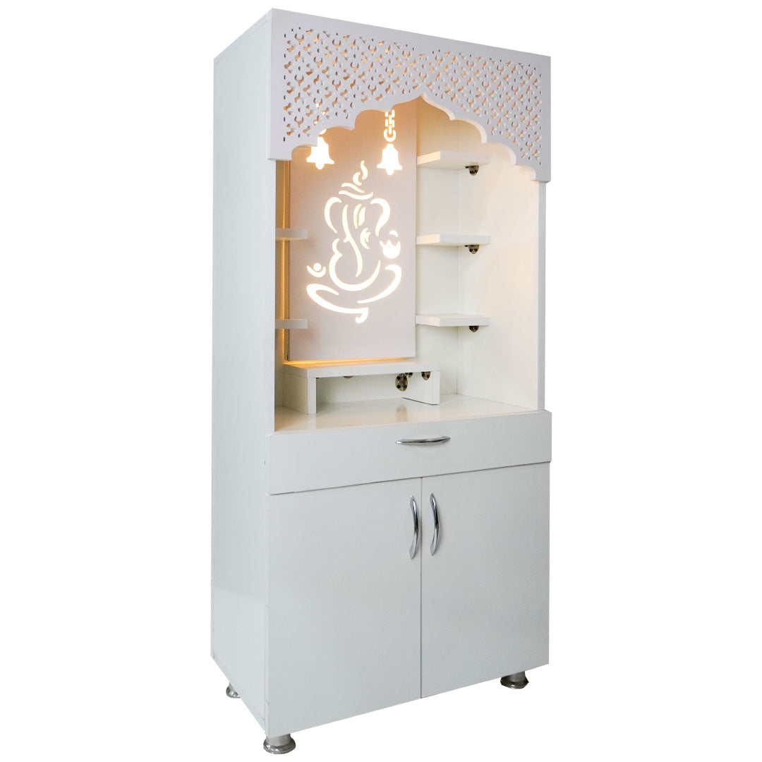 White Wooden Temple for Home with LED Light | Modern Pooja Mandir with Storage | 130x60x34 cm | The Mandir Company