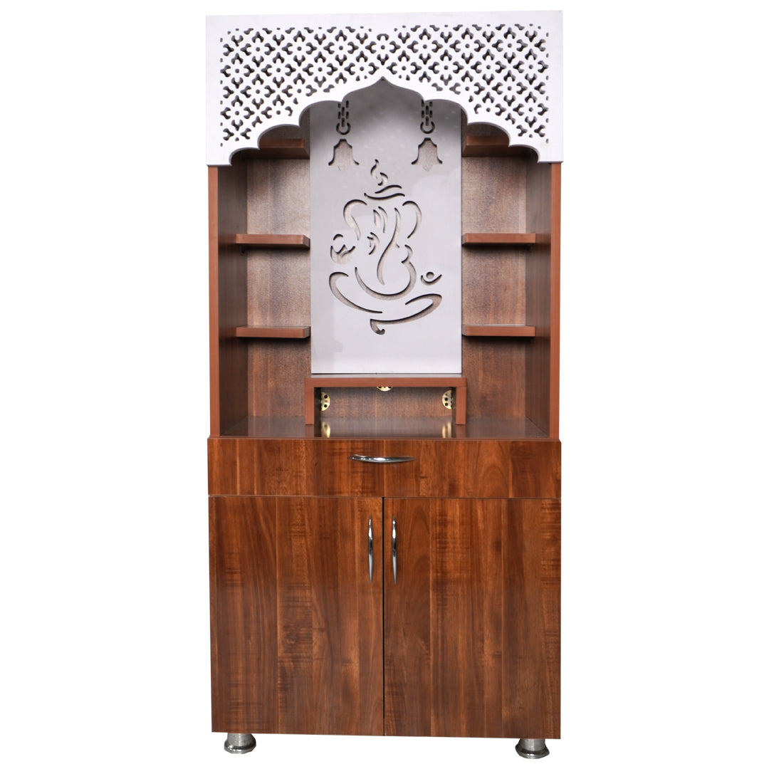 Ganesh LED Wooden Mandir for Home – White & Brown Finish Temple with Storage Cabinet (130x60x34 cm)