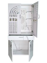 Premium Wooden Mandir for Home with LED Shree Om Panel & Hanging Bells | Modern White Pooja Cabinet with Storage