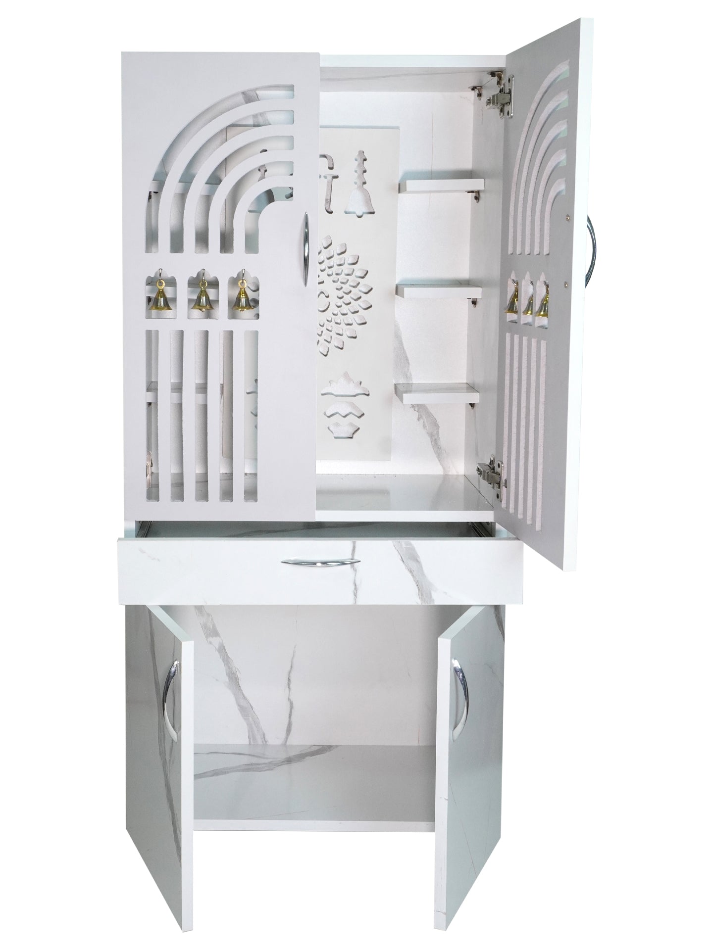 Premium Wooden Mandir for Home with LED Shree Om Panel & Hanging Bells | Modern White Pooja Cabinet with Storage