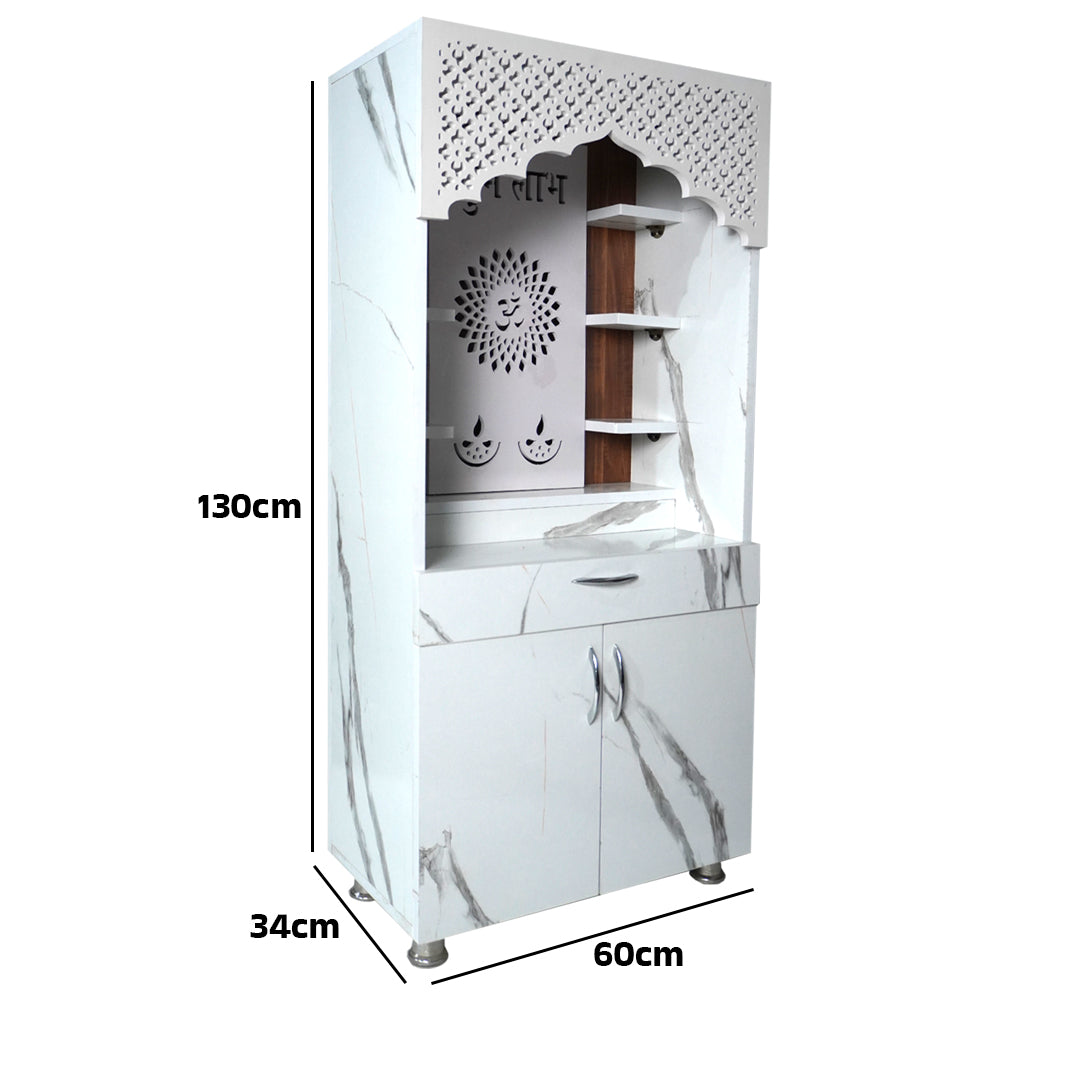 White Marble Finish Mandir with LED Light & Shubh Labh Design – 130x60x34 cm | Modern Wooden Temple for Home with Storage