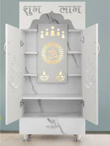Marble Finish Wooden Mandir with Shubh Labh Carving & LED Light (60×34×130 CM) The Mandir Company