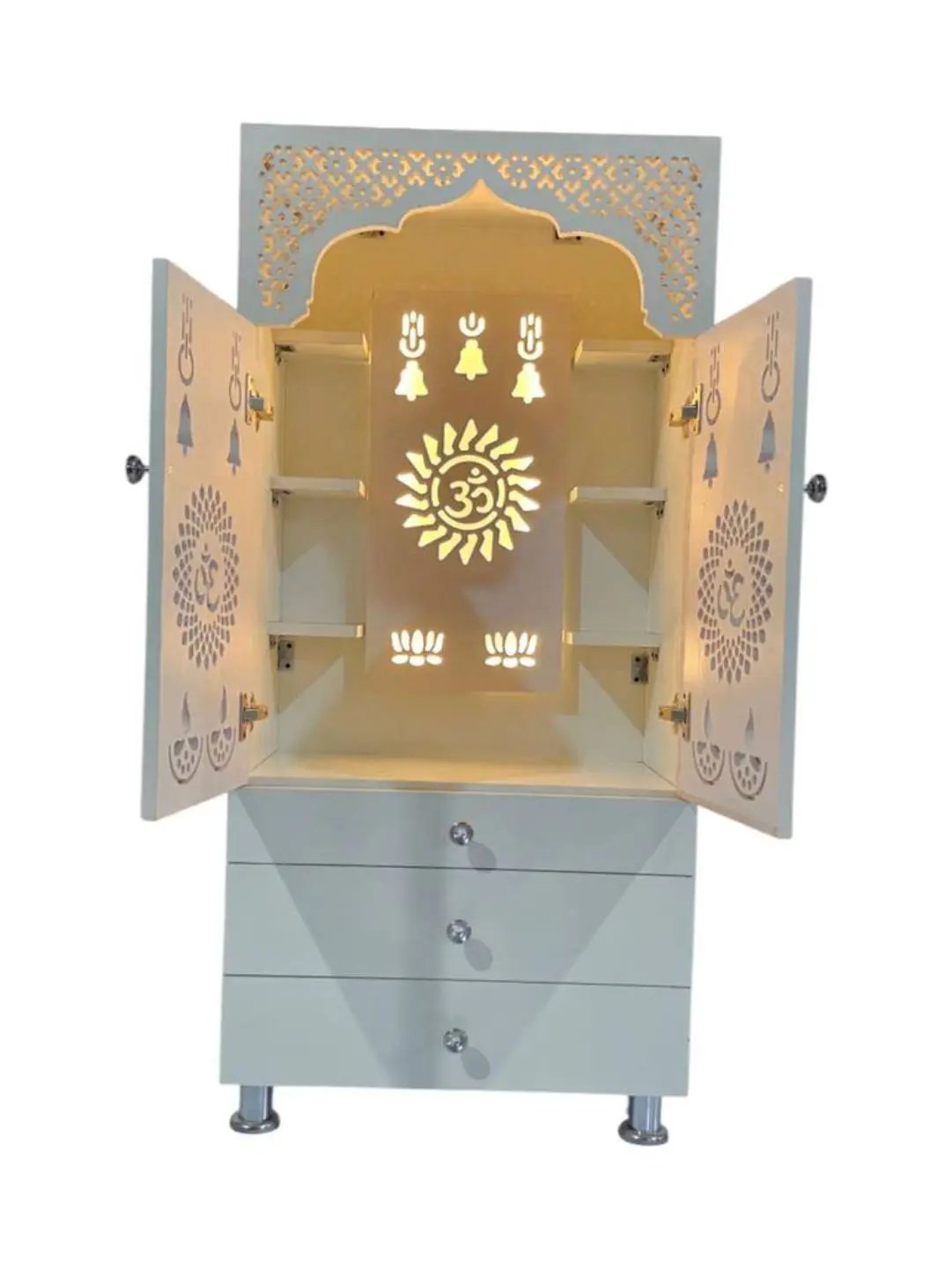 Modern White Wooden Mandir with LED Backlight & 3 Storage Drawers