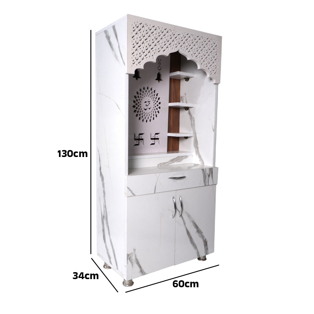 Modern Wooden Temple for Home with Storage | White Marble Finish Mandir with LED Om & Swastik Design – 130x60x34 cm