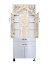 Premium White Wooden Pooja Mandir with Storage & LED Cutwork Design