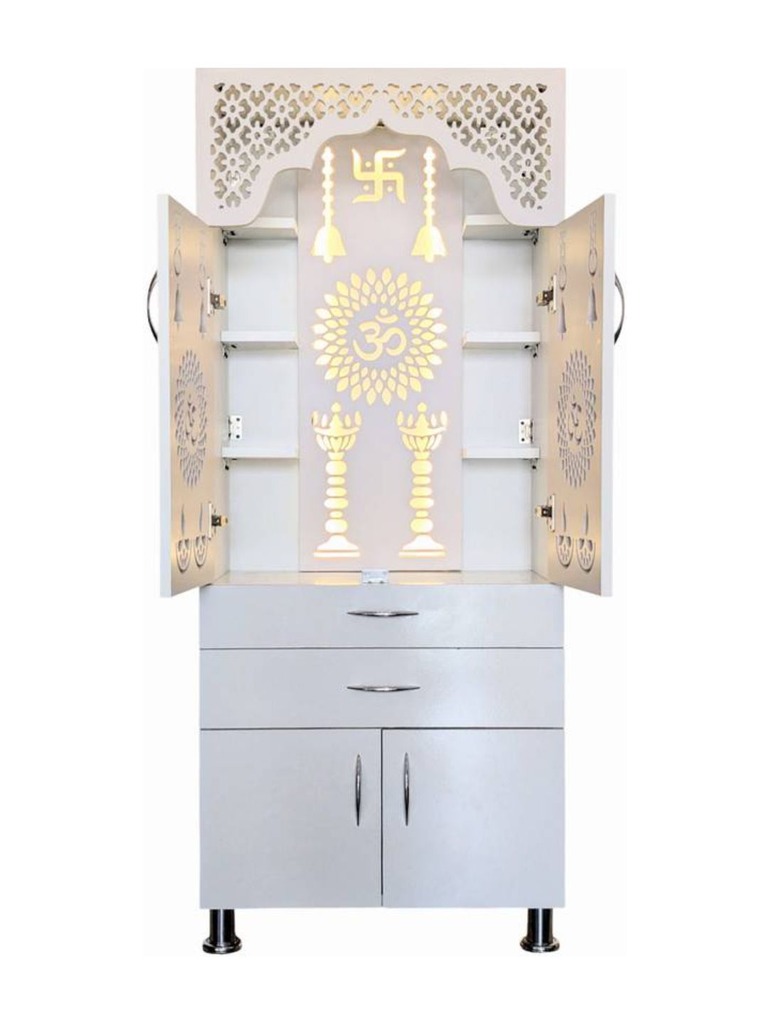 Premium White Wooden Pooja Mandir with Storage & LED Cutwork Design