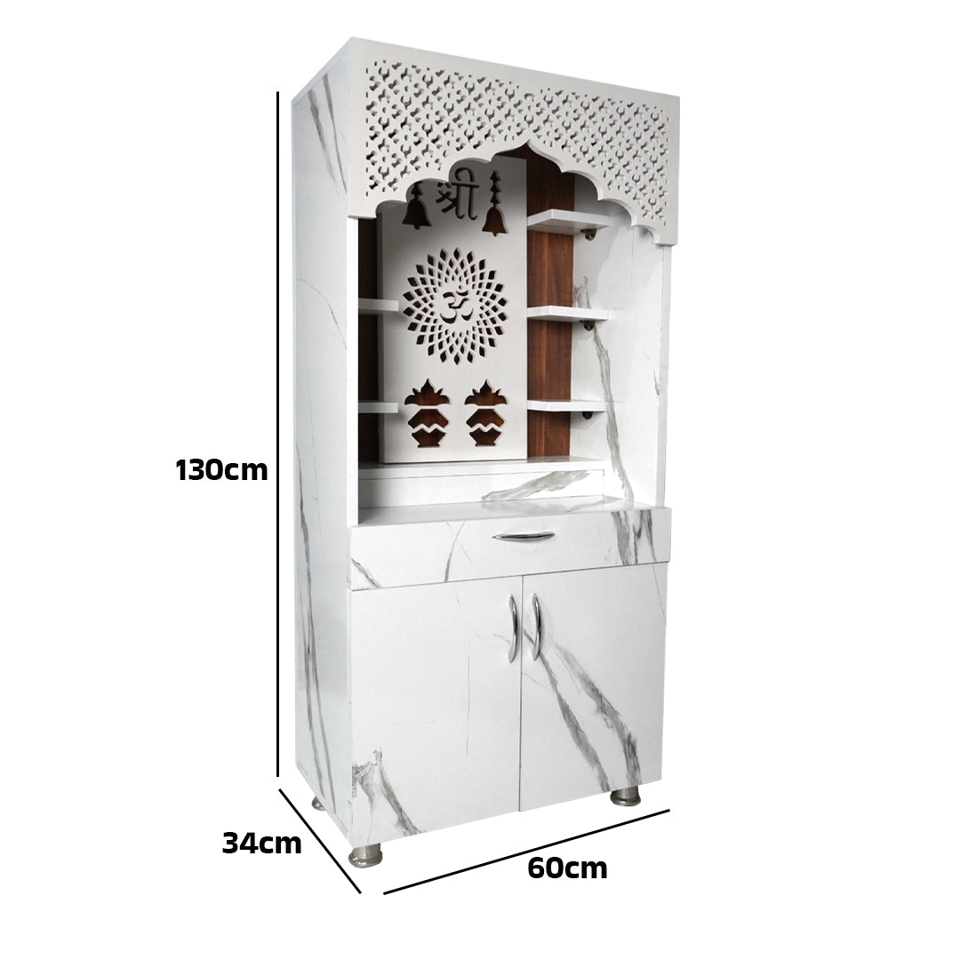 Luxury White Marble Wooden Temple with LED Back Panel – Shri Om Design Temple for Home (130x60x34 cm)