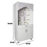 Modern White Wooden Mandir with LED Light & Bell Design – 130x60x34 cm | Home Temple with Storage Cabinet