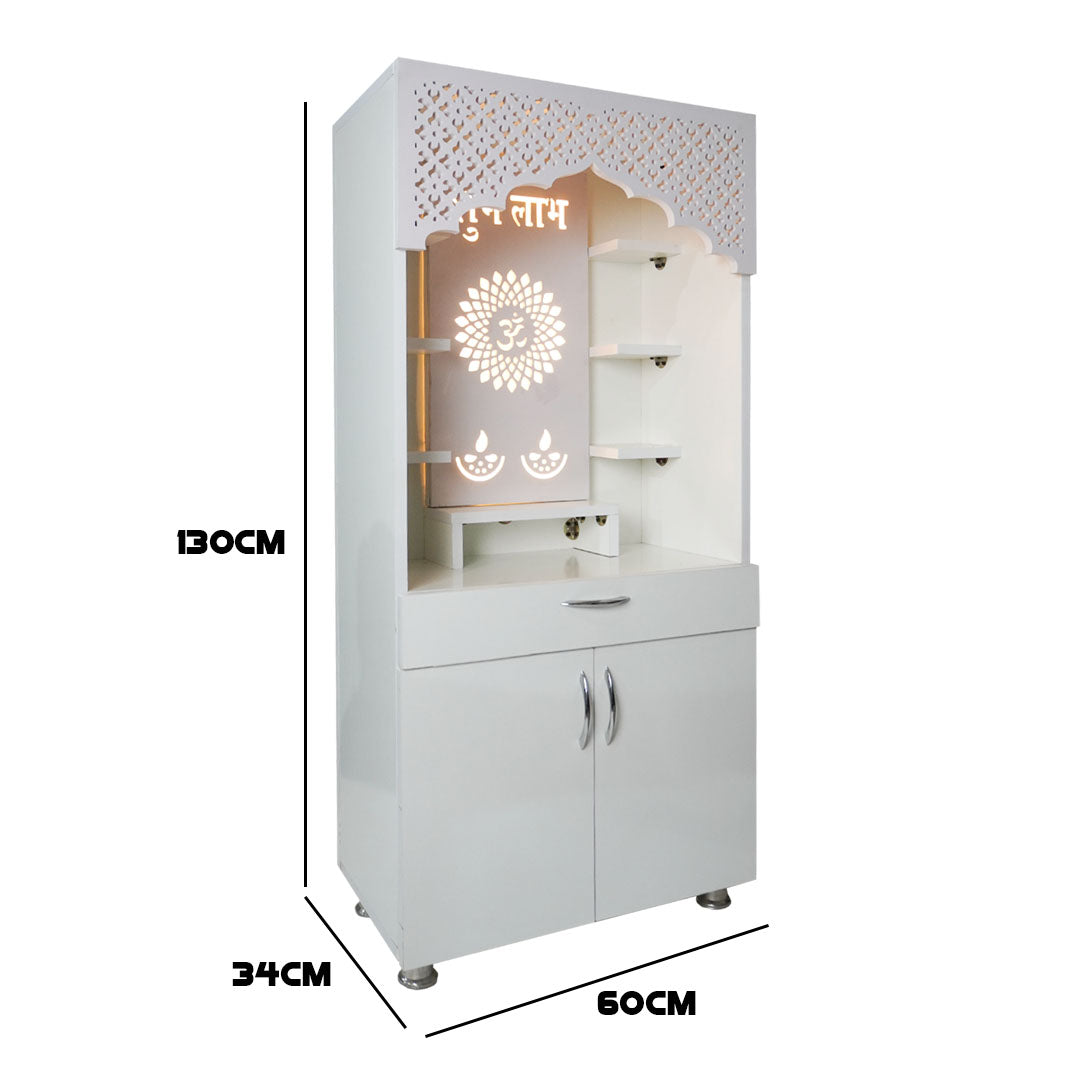 White Wooden Mandir with LED Light & Shubh Labh Design – 130x60x34 cm | Modern Pooja Temple with Storage