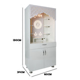 White Wooden Mandir with LED Light & Shubh Labh Design – 130x60x34 cm | Modern Pooja Temple with Storage