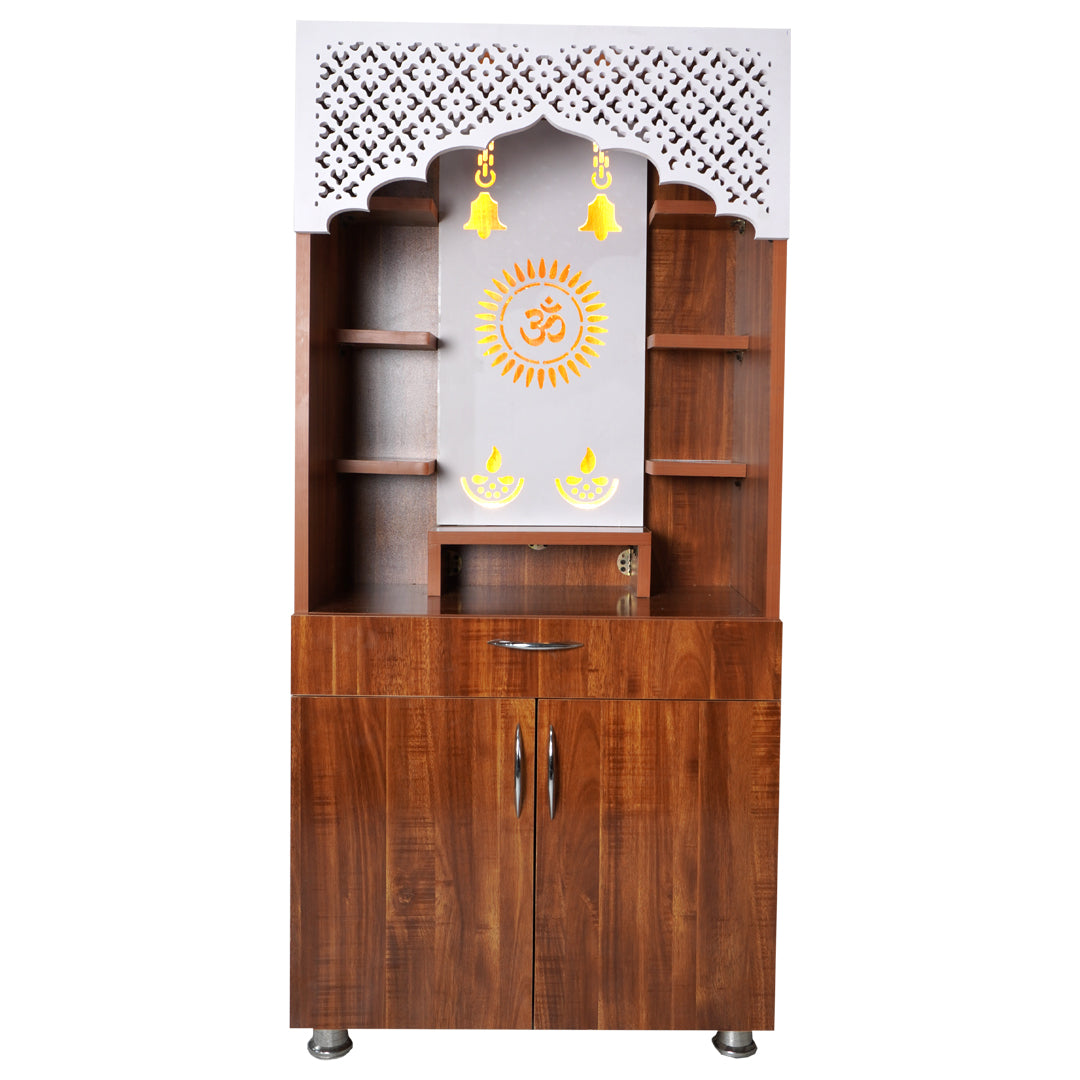 Luxury LED Pooja Mandir for Home – White Marble & Brown Wooden Finish Temple with Storage (130x60x34 cm)