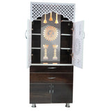 Wooden Home Mandir with LED Light & Storage Drawers – White, Brown & Black Temple Unit (145x60x34 cm) Modern Pooja Cabinet