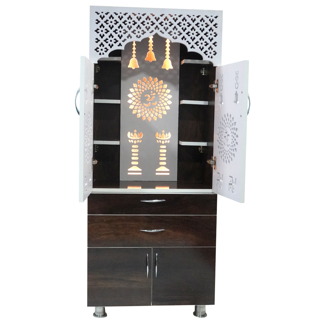 Wooden Home Mandir with LED Light & Storage Drawers – White, Brown & Black Temple Unit (145x60x34 cm) Modern Pooja Cabinet