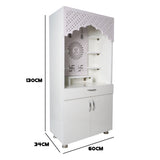 Modern White Wooden Mandir with LED Light – 130x60x34 cm | Home Temple with Storage Drawer & Shelves