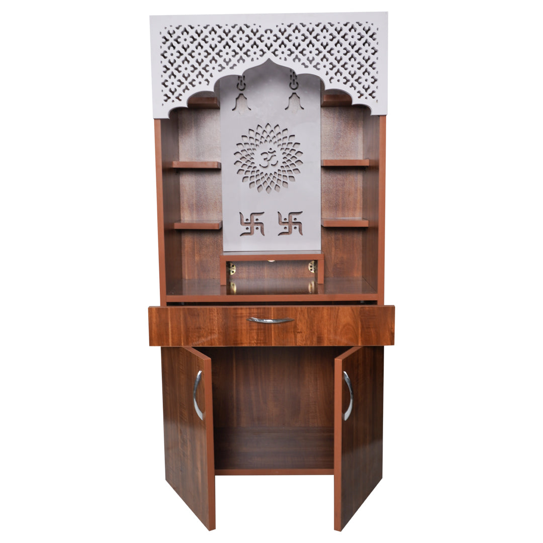 Modern Wooden Mandir with LED Light – White & Brown Finish Temple for Home (130x60x34 cm) | Pooja Mandir with Storage Cabinet