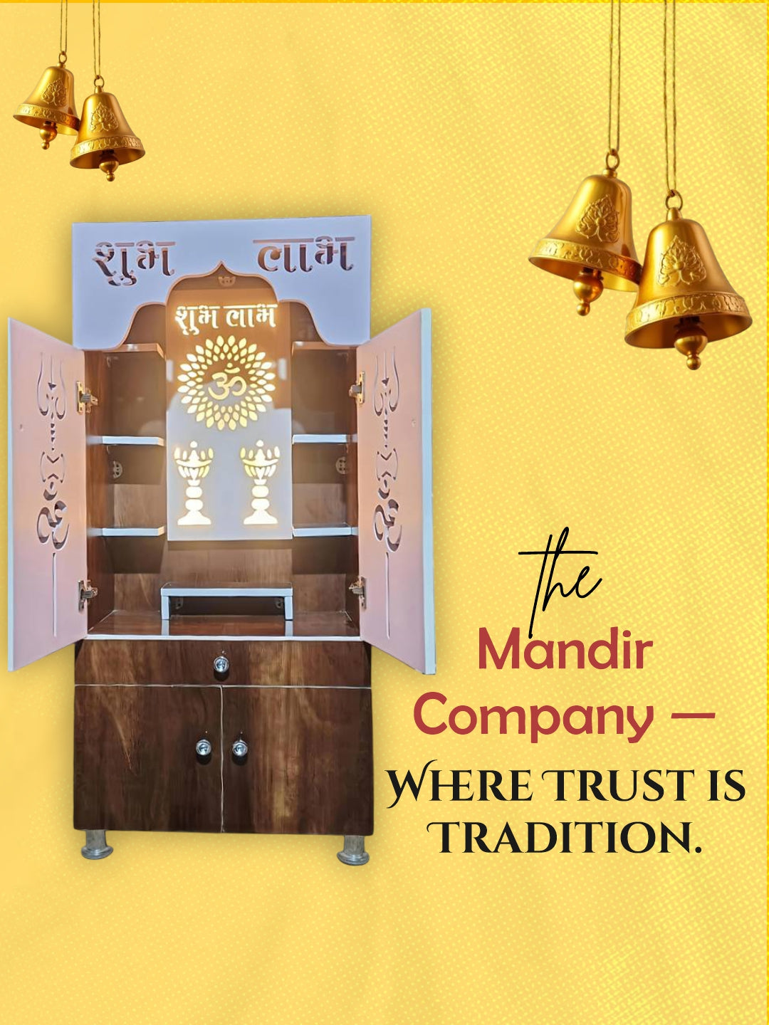 Wooden Pooja Mandir with “Shubh Labh” Design & Storage Cabinet (Dual Tone Finish)