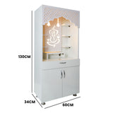 White Wooden Temple for Home with LED Light | Modern Pooja Mandir with Storage | 130x60x34 cm | The Mandir Company