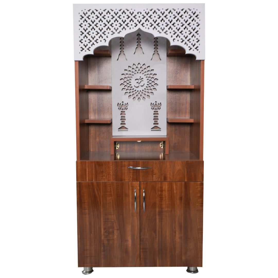 Wooden Mandir with LED Back Panel – White & Brown Finish Pooja Temple for Home (130x60x34 cm) | Designer Mandir with Storage