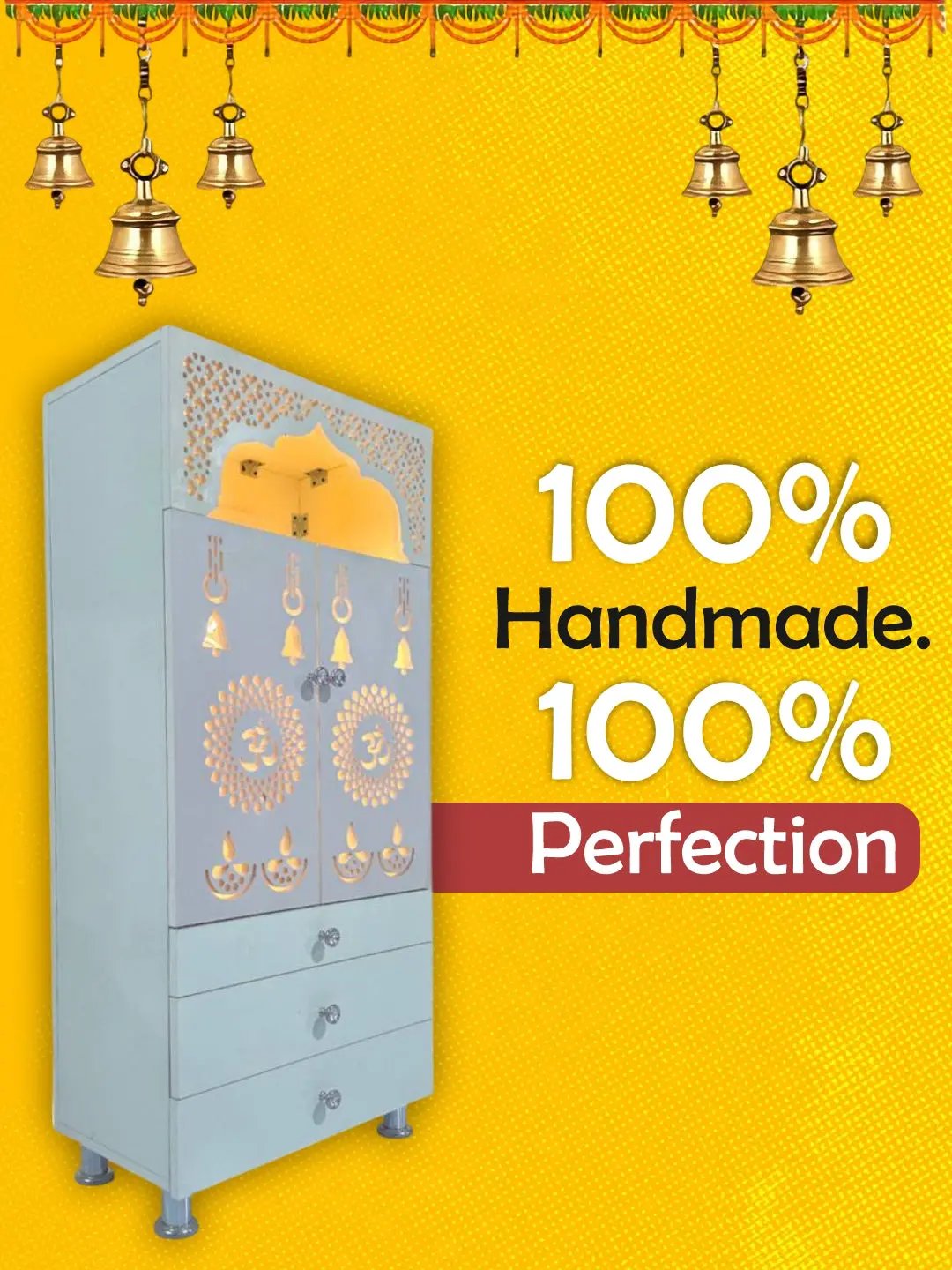 Modern White Wooden Mandir with LED Backlight & 3 Storage Drawers