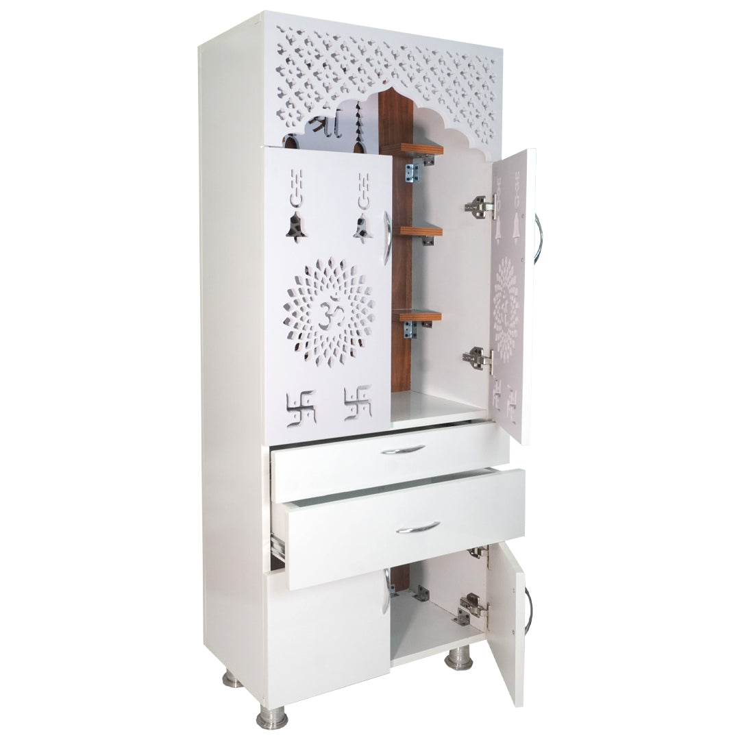 Premium Wooden Mandir for Home with LED Om Panel, Double Drawer & Storage Cabinet | Modern White Pooja Temple Unit