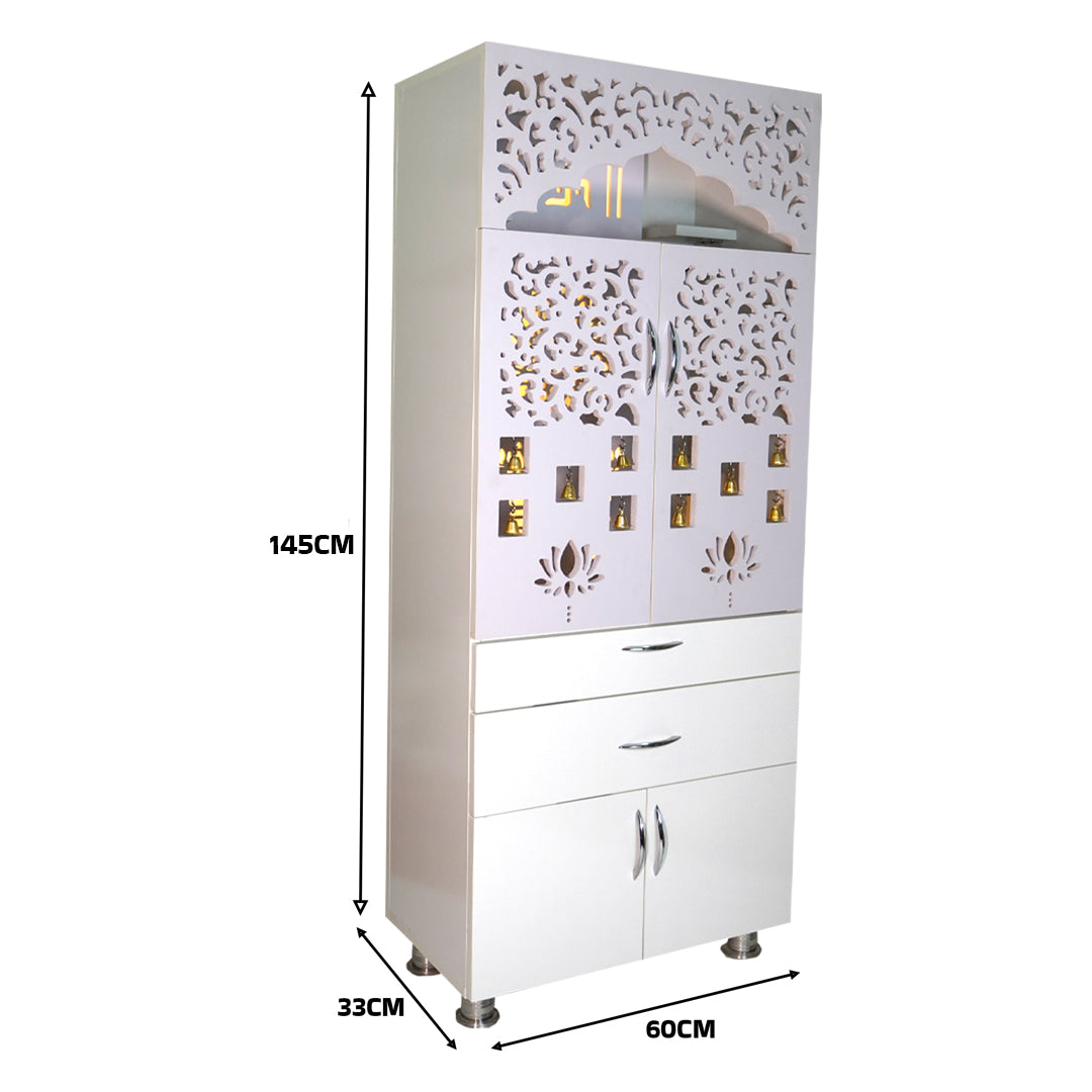 White Wooden Pooja Mandir with LED Light & Storage | Modern Home Temple Cabinet with Drawer & Shelves