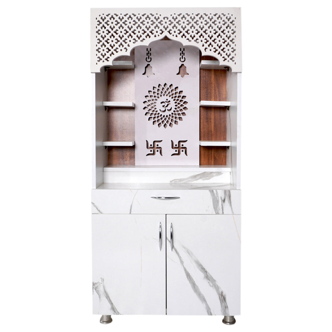 Modern Wooden Temple for Home with Storage | White Marble Finish Mandir with LED Om & Swastik Design – 130x60x34 cm