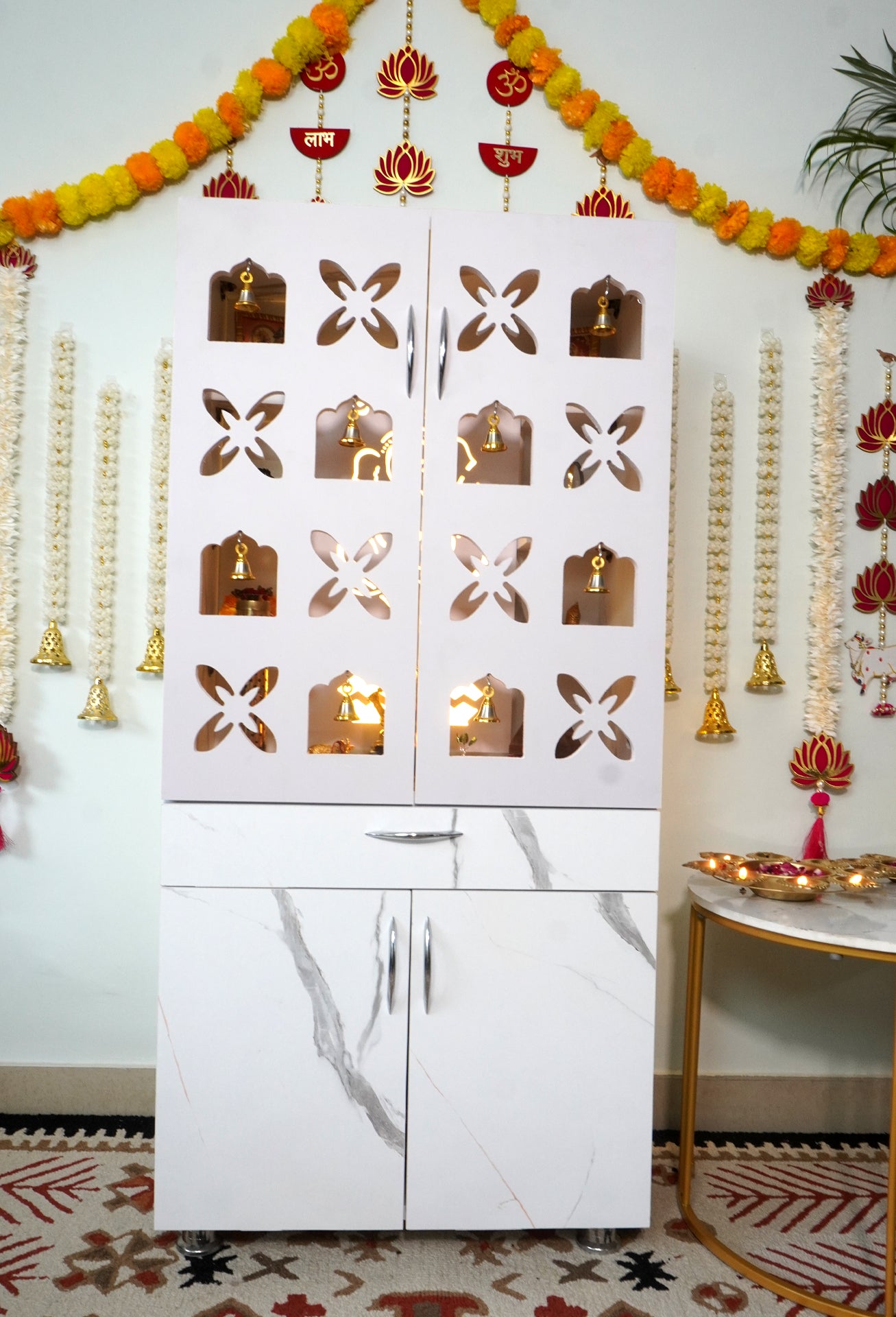 Designer Wooden Mandir for Home with LED Ganesh & Shubh Labh Panel | Premium White Pooja Cabinet with Multi Bells & Storage