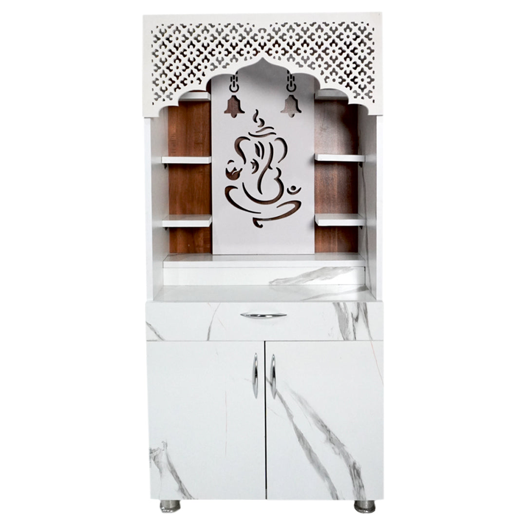 Modern White Marble Finish Mandir with LED Ganesh Design – 130x60x34 cm | Wooden Temple for Home with Storage