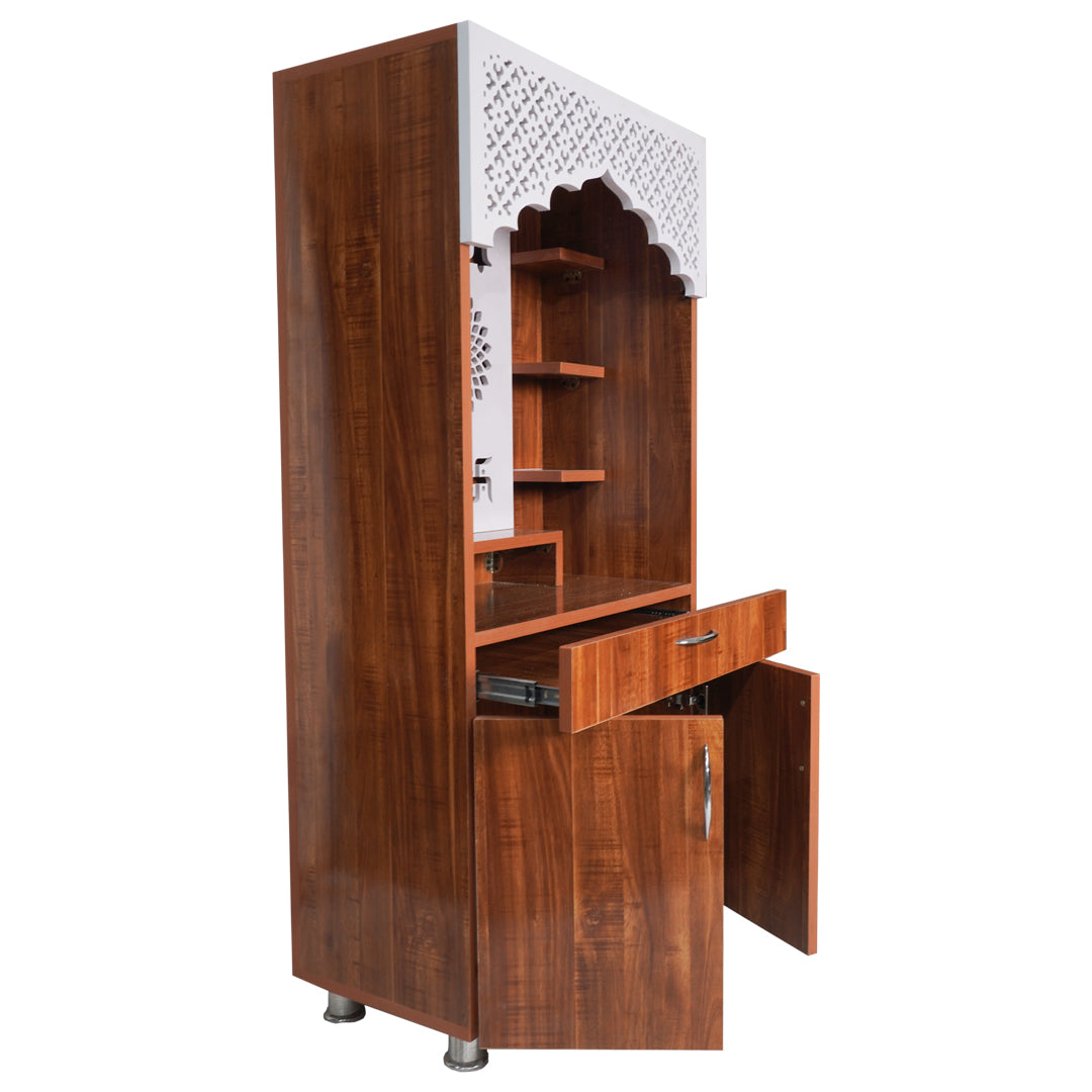 Modern Wooden Mandir with LED Light – White & Brown Finish Temple for Home (130x60x34 cm) | Pooja Mandir with Storage Cabinet
