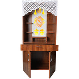 LED Wooden Mandir for Home – White & Brown Finish Temple with Shri Om Design (130x60x34 cm) | Modern Pooja Mandir with Storage
