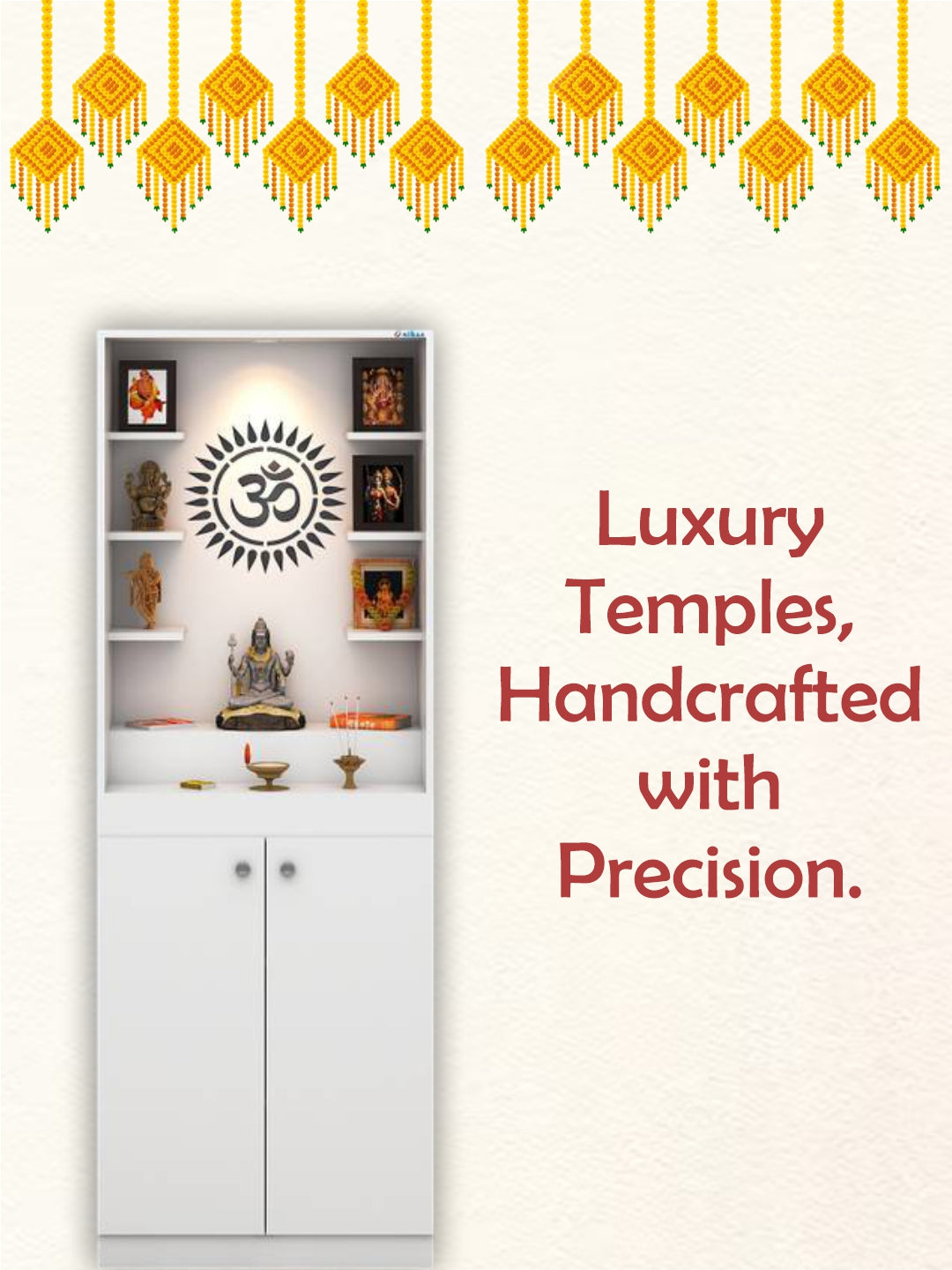 Modern Wooden Pooja Mandir with LED Light & Storage Cabinet
