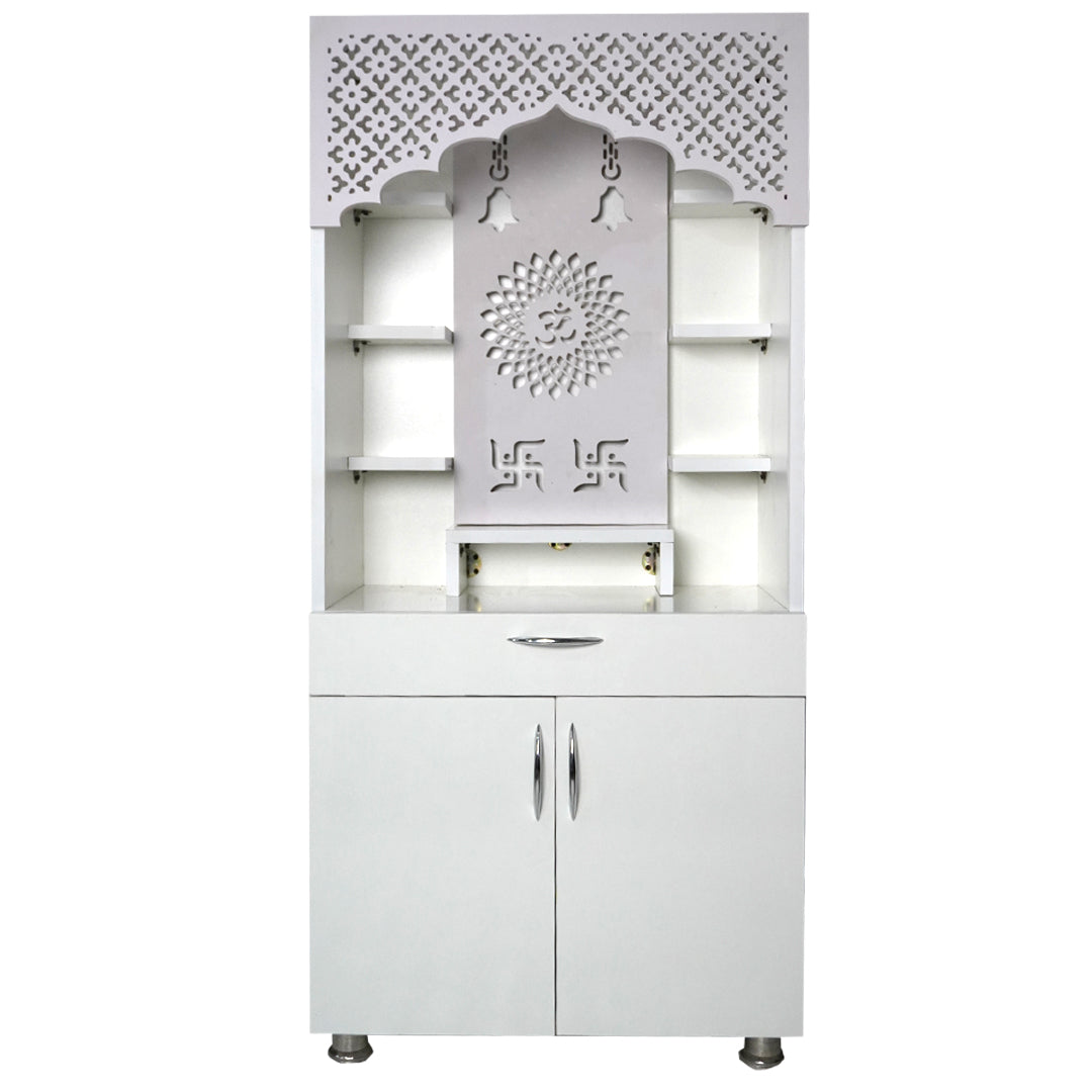 Modern White Wooden Mandir with LED Light – 130x60x34 cm | Home Temple with Storage Drawer & Shelves