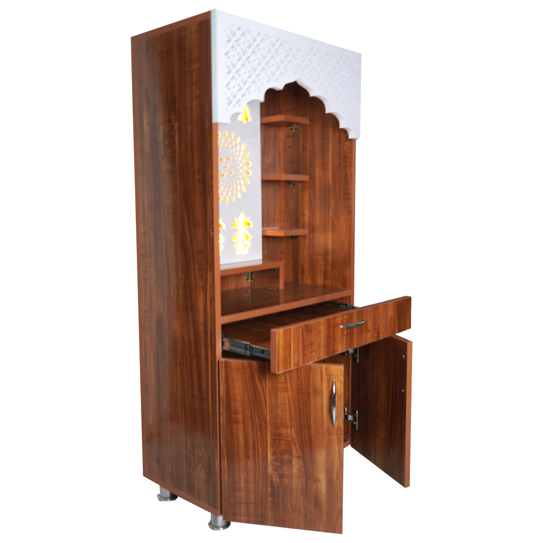 LED Wooden Mandir for Home – White & Brown Finish Temple with Shri Om Design (130x60x34 cm) | Modern Pooja Mandir with Storage