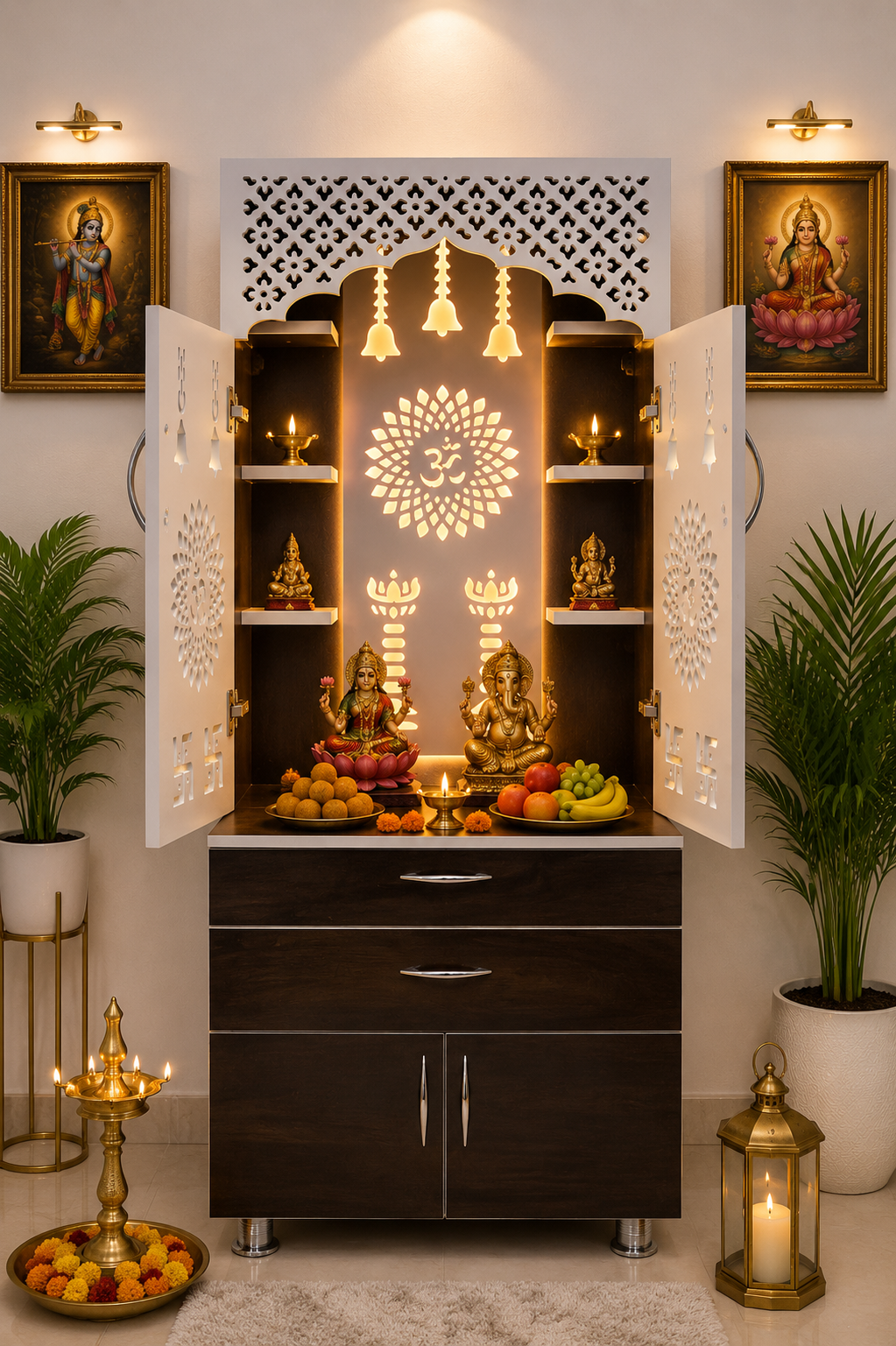 Wooden Home Mandir with LED Light & Storage Drawers – White, Brown & Black Temple Unit (145x60x34 cm) Modern Pooja Cabinet