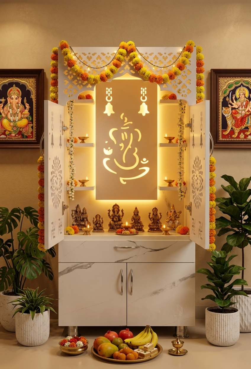 Modern Wooden Home Temple with LED Light | Designer Pooja Mandir with Storage Cabinet & Drawer for Home