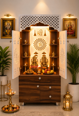 Modern Wooden Mandir with LED Panel & Storage Drawers | Brown & Black Pooja Cabinet (130x60x34 cm)