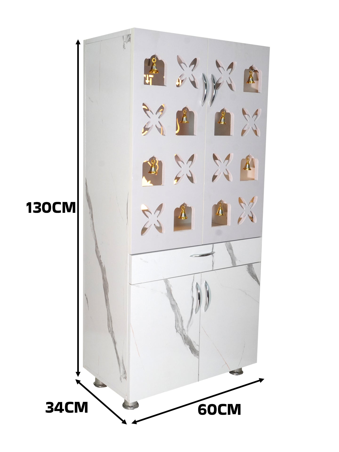 Luxury Wooden Mandir for Home with LED Shree Om Panel & Designer Bell Doors | Modern White Pooja Cabinet with Storage
