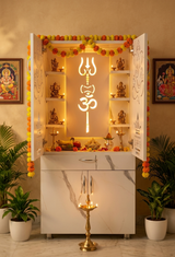 Wooden Mandir for Home with LED Trishul Om Design & Storage | Modern White Pooja Cabinet with Drawer