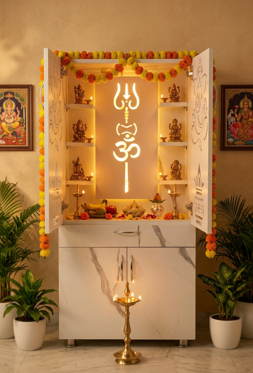 Wooden Mandir for Home with LED Trishul Om Design & Storage | Modern White Pooja Cabinet with Drawer