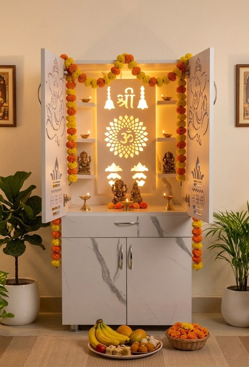 Wooden Mandir for Home with LED Shree Om Design & Storage | Modern White Pooja Cabinet with Ganesh Door