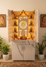 Wooden Mandir for Home with LED Shubh Labh Om Design & Storage | Modern White Pooja Cabinet with Ganesh Door
