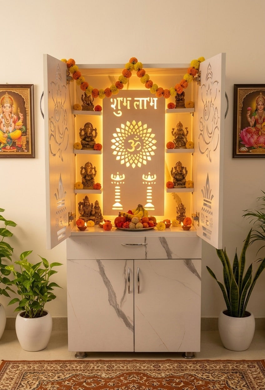 Wooden Mandir for Home with LED Shubh Labh Om Design & Storage | Modern White Pooja Cabinet with Ganesh Door