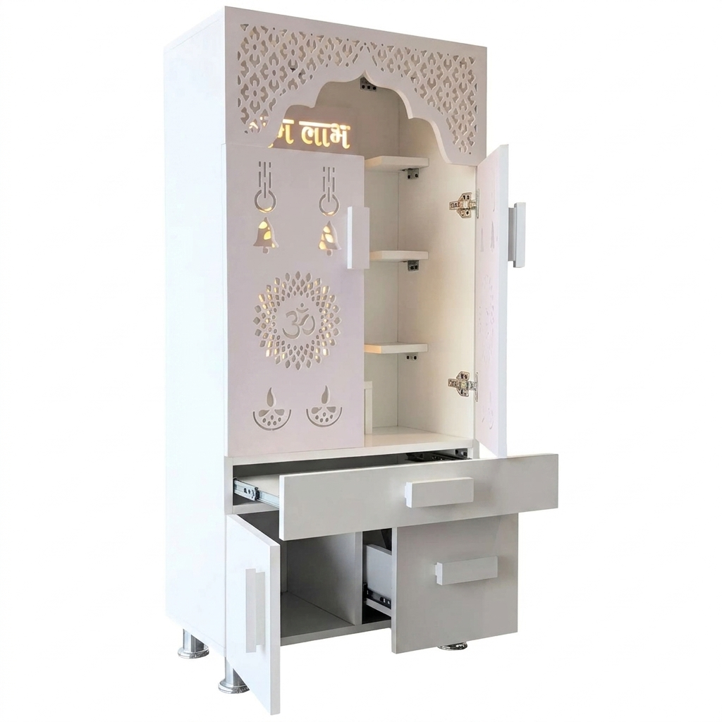 LED Backlit Wooden Mandir with Doors & Drawer Storage | White & Brown Pooja Temple Unit (130x60x34 cm)