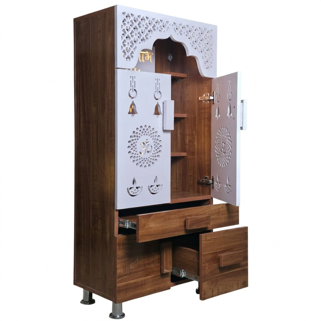 LED Backlit Wooden Mandir with Doors & Drawer Storage | White & Brown Pooja Temple Unit (130x60x34 cm)