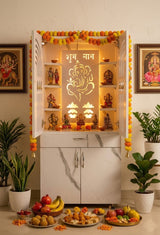 Luxury Wooden Mandir for Home with LED Ganesh & Shubh Labh Panel | Modern White Pooja Cabinet with Bells & Storage